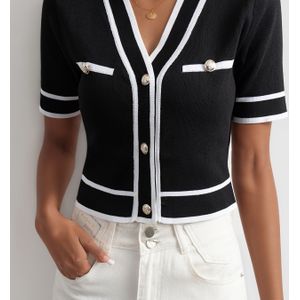 TEMU Elegante Farbblock Kurzstrickjacke - Schicker V-Ausschnitt, Knopfleiste, Kontrastbesatz, Polyester-Mischstrick, für Frühling & Sommer, Damenmode