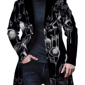 TEMU Stilvoller Gothic-Schädel-Druck Trenchcoat für Herren, 100% Polyester Nicht-Dehnbarer Stoff, Reverskragen, Reguläre Passform mit - Herbst/Winter -Party Oberbekleidung, ÜBERGRÖSSE