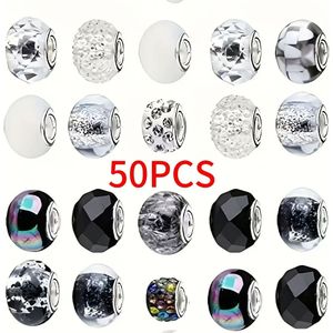 TEMU 50 Stück Gemischte Schwarze Und Weiße Harzperlen, Großer Loch, Multifunktionale Handwerksperlen Für DIY-Schmuckherstellung, Mit Armbändern Und Halsketten