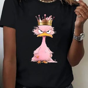 TEMU Damen T-Shirt mit süßem rosa Enten-Cartoon - Lässiges Rundhals Kurzarmshirt, dehnbarer Polyester-Mix, maschinenwaschbar