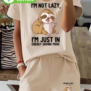 TEMU Humorvolles Faultier: ""ICH BIN NICHT FAUL, ICH SIND NUR IM ENERGIESPARMODUS"" Illustration Damen Reine Bedruckte Casual Rundhals Kurzarm Pyjama-Set mit Tasche