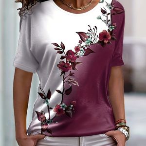 TEMU Damen Blumenmuster Colorblock T-Shirt, Casual Rundhalsausschnitt Kurzarm Top, Regular Fit Strickstoff Tee, Polyester 95% Elasthan 5% - Fashion