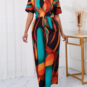 TEMU Frauen Jumpsuit mit Lebendigem Geometrischem Druck, Fledermausärmeln und Bund mit Schnürung - V-Ausschnitt, Polyester, Maschinenwaschbar, für Alle Jahreszeiten
