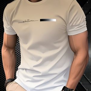 TEMU Herren Freizeit Rundhals Kurzarm T-Shirt mit ""Schweiß"" Grafikdruck - Hellbeige, Regular Fit, Leicht Dehnbarer Stoff, Freizeitkleidung | Grafik T-Shirt | Bequeme Passform