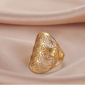 TEMU 1 Stk. Einstellbarer Ring Aus Edelstahl, Blume-des-Lebens-Ring, Eleganter Ring, Geometrie-Schmuck Für Männer