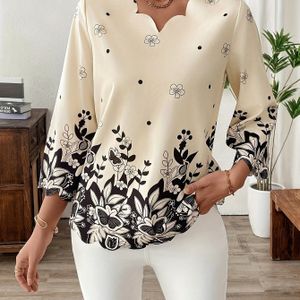 TEMU Damens Elegante Bluse mit Blumenmuster - Schwarz, 3/4--Ausschnitt Oberteil, Maschinenwaschbarer Nicht-dehnbarer Stoff für Ganzjähriges Freizeit- und Formelles Tragen