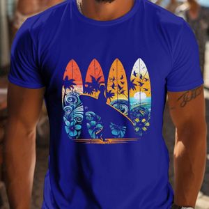 TEMU Retro Hawaii Surfing Grafik Herren Kurzarm T-Shirt ? Lebendiges Surfbrett & Palmen-Print, Atmungsaktives Stretch-Gewebe, Regular Fit Casual Sommerstrandmode, Maschinenwaschbar, Weiche Textur