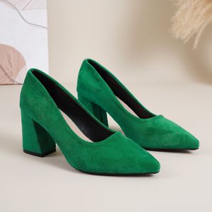 TEMU Elegante grüne Stoff-High-Heels für Damen - Spitze, rutschfeste Gummisohle, Block-Heel-Kleidsschuhe mit Kunstleder-Unterlage, für alle Jahreszeiten