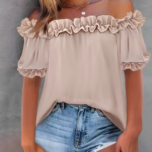 TEMU Schulterfreie Bluse mit Rüschenbesatz, elegantes, schlichtes Kurzarm-Oberteil für Frühling und Sommer, Damenbekleidung