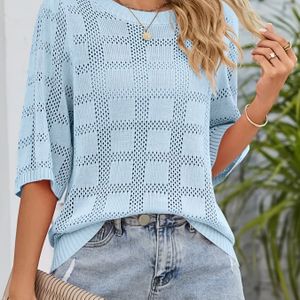 TEMU Leichter Damen-Cardigan - Frühling/Sommer Einfarbiges Quadratmuster, Kurzarm-Rundhalsausschnitt, Atmungsaktiver Polyester für Freizeit- und Formelle Kleidung, Leichter Cardigan