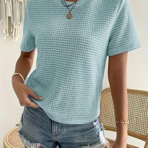 TEMU Einfarbiges Rundhals-T-Shirt, Frühling und Sommer, atmungsaktives, lässiges, kurzärmeliges T-Shirt mit Pinloch, Damenbekleidung