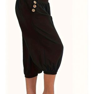 TEMU Lässige Capri-Hose In Übergröße, Damen-Caprihose Mit Festem Knopfdekor, Taillenband, Hohem Bund, Gerüscht, Weitem Bein Und