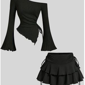TEMU Damenset mit lässigem Schulterfreiem Glockenärmel-Oberteil & Rüschenrock - Schwarzes Polyester-Strickoutfit für Frühling/Sommer
