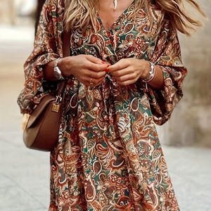 TEMU Damens Elegantes V-Ausschnitt Paisley-Druck A-Linien Kleid - Maschinenwaschbar, Ganzjährig Vielseit von Lässig bis Formell mit , Fließende Ärmel, Bequemes Material, Stilvolle Damen