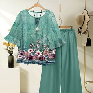 TEMU Fr�ühlings/Sommer Grünes Blumenmuster Kurzarm-Top für Damen + Weite Hose mit Elastischem Bund