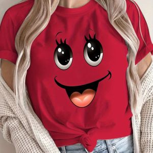 TEMU Damengeschenk: Niedliches Cartoon-Gesicht Druck Kurzarm-T-Shirt - Grün, Atmungsaktives & Bequemes Gewebe, Lässiger Sommerstil, für Freizeitkleidung