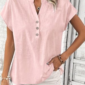 TEMU Damen Einfarbige Kurzärmelige Knopfleiste Hemd, Polyester Mischung, Stehkragen, Gewebt, 100g/m², Frühling/Sommer