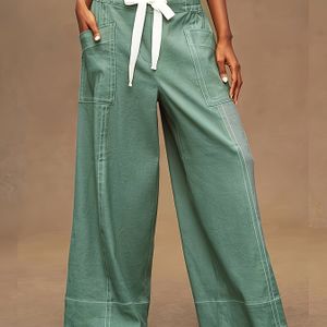 TEMU Elegante Polyester-Weite-Legg-Pants in Plus-Größe f�ür Damen, bequem mit elastischem Bund, Tasche und Gürtel, Gewicht der Stoffe 200g/m², leicht dehnbarer Stoff, für Business Casual