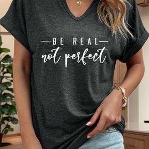 TEMU BE V-Ausschnitt T-Shirt für Frauen mit Buchstabendruck - Lässiges Rollärmel-Oberteil, Weiche Polyester-Mischung, Bequeme Passform, für Frühling & Sommer
