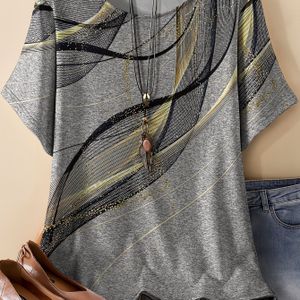 TEMU Plus Size Damen Retro Casual T-Shirt ? Distressed Twisted Stripes All-, Stretchy Rundhals Kurzarm Top, Maschinenwaschbar Ganzjahres-, Vielseitiges Off-Shoulder Design, Fließender Stoff-Tee
