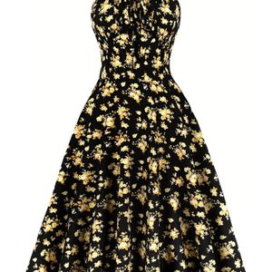 TEMU Vintage Blumen Spaghettiträger Kleid für Damen - % Polyester Sommer Swing Kleid mit Kunstseiden-Kordelzug-Detail, Gewebte A-Linie Pendulum-Stil, Ideal für Partys und Freizeitbekleidung