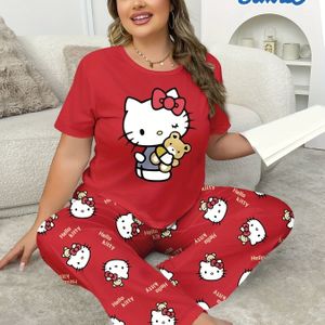 TEMU Sanrio für for hello kitty Damen Pyjama Set - Lässiger Rundhals Kurzarm T-Shirt & , Große Größe, Schwarz mit farbenfrohen Druckmustern