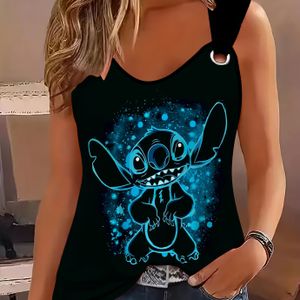 TEMU Damen Plus Size Casual Fashion Disney Stitch & 3D Print Tank Top mit Schnalle - Schwarz, Cartoon Design, leicht dehnbare Stoff, für Frühling/Sommer