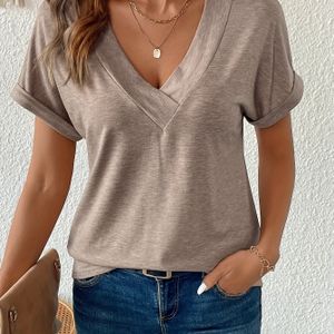 TEMU Damengesäß V-Ausschnitt T-Shirt mit Fledermausärmeln - Elegante Beige Polyester-Mischung, Maschinenwaschbar, Ideal für Frühling/Sommer/Herbst
