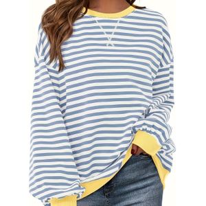 TEMU Damen Eleganter Rundhalsausschnitt Langarm Sweatshirt, Color Block Gestreifter Rippstrick Polyester Pullover, Ganzjahres-Mode Top, 230gsm Stoffgewicht