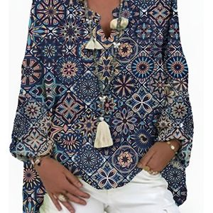 TEMU Übergröße Damen V-Ausschnitt Langarmshirt - Blumenmuster Casual Shirt, Maschinenwaschbarer Schichtungsschlüssel für Frühling/Herbst mit Lockerem Schnitt