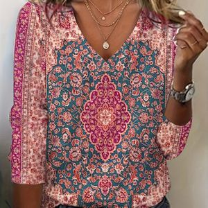 TEMU T-Shirt mit V-Ausschnitt und Grafikdruck im Vintage-Stil, T-Shirt mit 3/4-Ärmeln im Vintage-Stil für Frühling und Herbst, Damenbekleidung