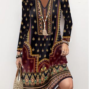 TEMU Ethnisch bedrucktes Kleid mit V-Ausschnitt, Vintage-Langarmkleid für Frühling und Herbst, Damenbekleidung