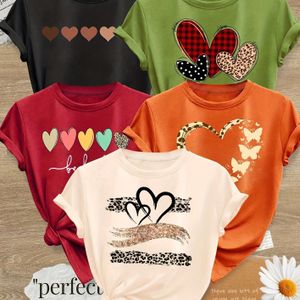 TEMU 5er Set Love-Serie Musterdruck Modischer Retro-Stil Damen Rundhals Kurzarm T-Shirt, Casual Sporty für Frühling Herbst Sommer, Mehrfarbig S-XXL