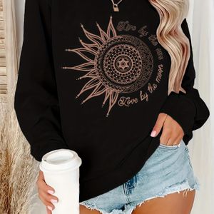 TEMU Damenmode Sweatshirt, Braunes Sonnenblumen- und Sterndesign, Gemütliches Polyester, Lässiger Rundhalsausschnitt, Herbst-/Winterstrick, Damenmode Pullover