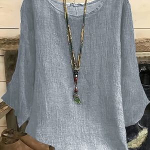 TEMU Plus Size Damen Casual Elegante 3/4-Ärmel T-Shirt - Hellblaue Rundhalsbluse mit Ausgestelltem Saum, Halbtransparente Maschinenwaschbare Bluse für Frühling Sommer Herbst