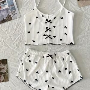 TEMU Schickes Damen-Pyjama-Set mit Herzdruck und Schleifendetail - Sexy Rückenfreies V-Ausschnitt Cami-Top & Shorts, Atmungsaktive Polyester-Mischung, Maschinenwaschbar