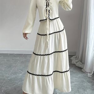 TEMU Frühling-Sommer Temperament Mode Schwarzbesetztes V-Ausschnitt Zweiteiler-Set mit Trägerriemen Langarmtop und Rock für Damen