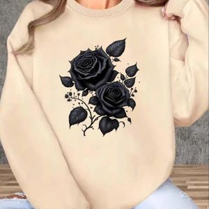 TEMU Damensweatshirt mit Eleganter Schwarz-Rosen-Druck - Gemütliche Polyester-Mischung, Rundhals-Pullover mit Rüschenmanschetten, Maschinenwaschbar - für Alle Jahreszeiten