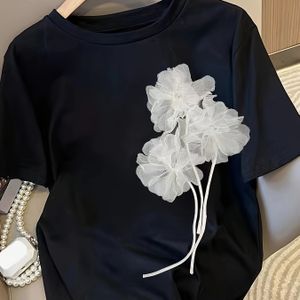TEMU Damen Casual Schwarz T-Shirt mit Blumenmuster - Weicher Polyester, Rundhalsausschnitt, Kurzarm, -, Casual Wear | Blumenmuster Oberteil | Eleganz