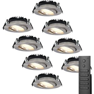 HOFTRONIC - Satz von 8 Dimmbarer LED Einbaustrahler Rome - Edelstahl - 6 Watt- Kippbar - 2700K warm weiß - IP44 - Inklusive Fernbedienung - Ultra flach