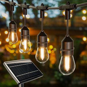 HOFTRONIC - Solar Lichterkette LED - 15 Glühbirnen - 14,6 Meter - IP65 Wasserdicht - 2700K Warmweißes Licht - 4 Lichtmodi - Dämmerungsschalter - 15W 600lm - E27