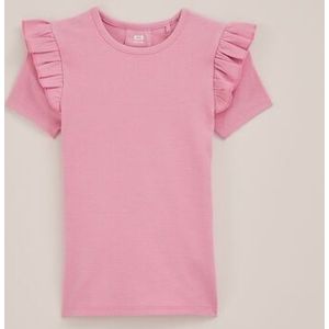 WE Fashion - Meisjes T-shirt met ruches - Slim Fit - Lichtroze - Biologisch katoen - Maat: 122/128