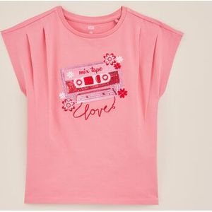 WE Fashion - Meisjes T-shirt met embroidery - Regular fit - Zalmroze - Katoen - Maat: 134/140