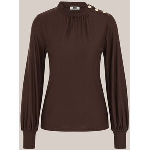 WE Fashion - Dames jersey T-shirt met gouden accenten - Regular fit - Donkerbruin - Viscose - Maat: S