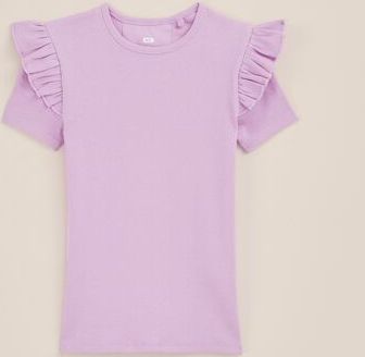 WE Fashion - Meisjes T-shirt met ruches - Slim Fit - Lichtpaars - Biologisch katoen - Maat: 158/164