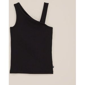 WE Fashion - Meisjes one-shoulder top met dessin - Slim Fit - Zwart - Katoen - Maat: 110/116