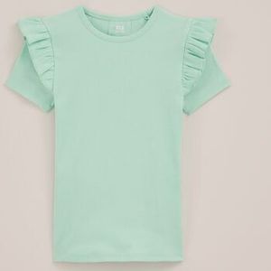 WE Fashion - Meisjes T-shirt met ruches - Slim Fit - Lichtgroen - Biologisch katoen - Maat: 98/104