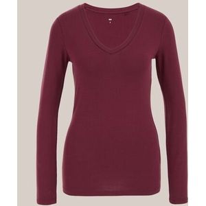 WE Fashion - Dames T-shirt met V-hals - Slim Fit - Donkerrood - Katoen - Maat: XS