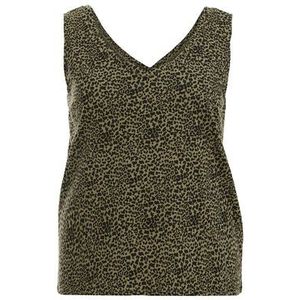 WE Fashion - Dames singlet met dessin - Curve - Regular fit - Donkergroen - Katoen - Plus Size Maat: 52