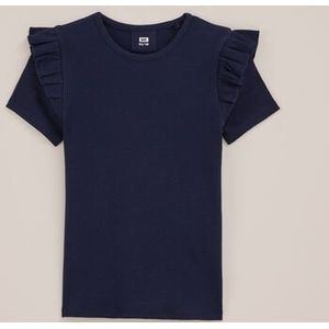 WE Fashion - Meisjes T-shirt met ruches - Slim Fit - Marineblauw - Biologisch katoen - Maat: 98/104